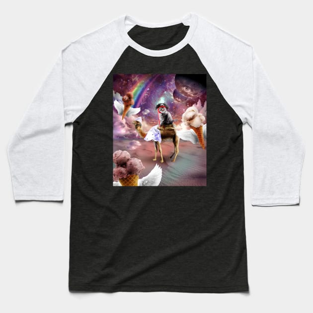 Cat Riding Camel With Flying Space Ice Cream Baseball T-Shirt by Random Galaxy